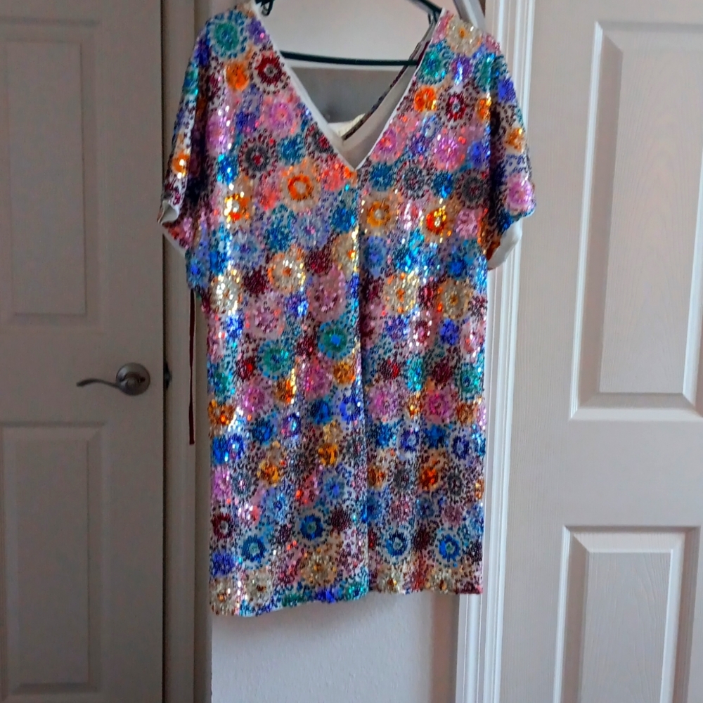 Multicolor Sequin Mini Dress with V-Neck